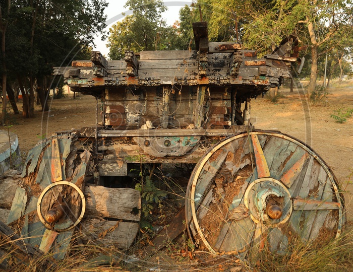 Broken old wooden temple chariot