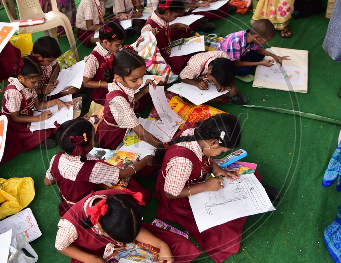 School girls during a drawing competition