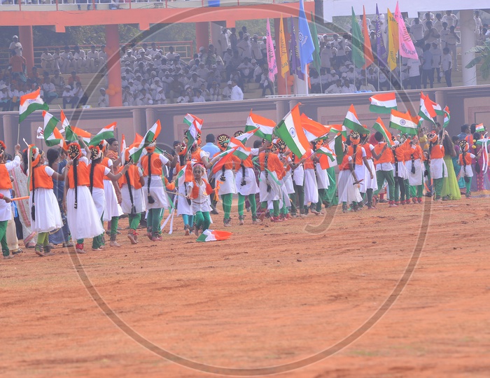 School Children Holding Indian National Flag in Parade
