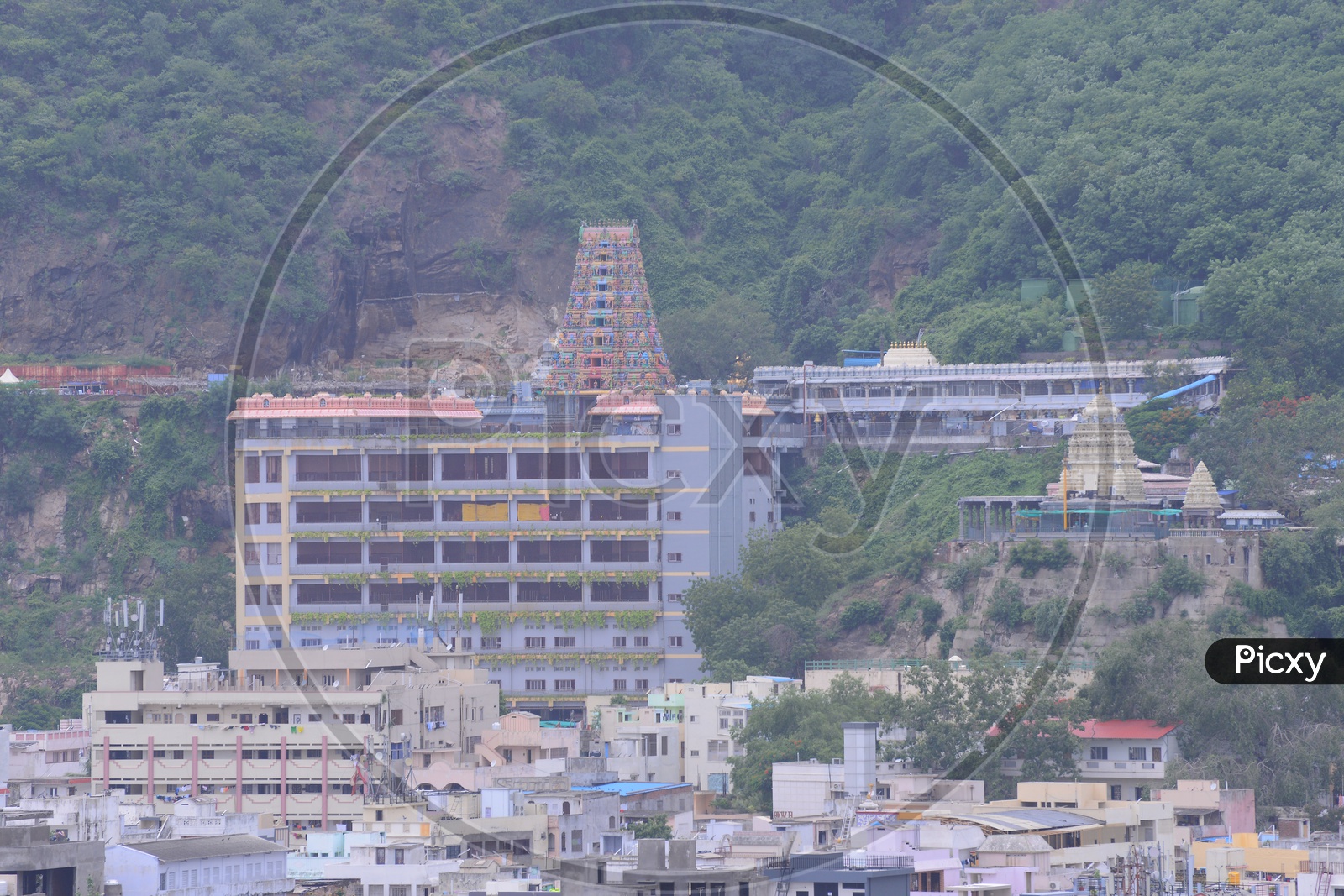 Aerial view of Vijayawada City and Kanaka Durga temple