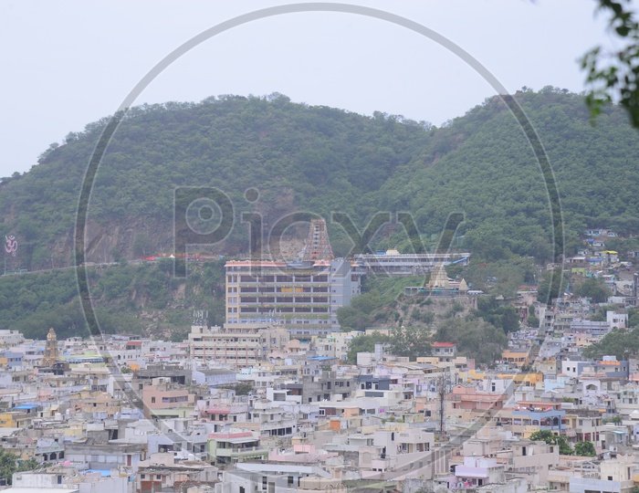 Aerial view of Vijayawada City and Kanaka Durga temple