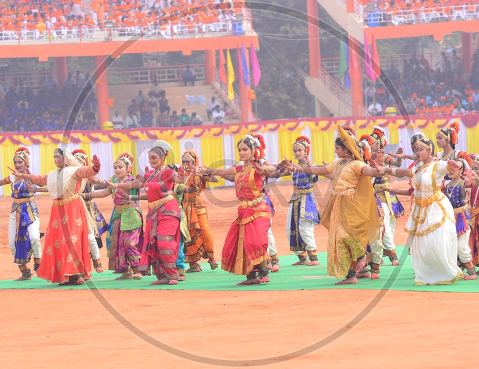 Republic Day Celebrations - Girls performing Indian classical dance in the stadium ground