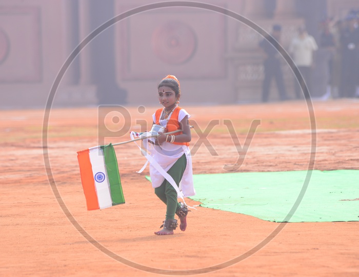 Students With Indian National Flags At  Parade