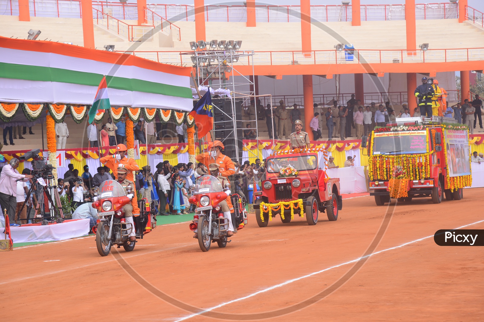 AP State Fire And Disaster Response  Service Department Show With Indian National Flag