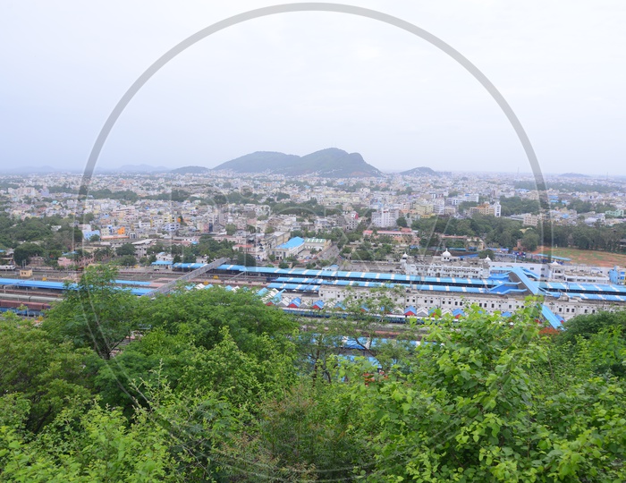 Aerial view of Vijayawada City and railway station