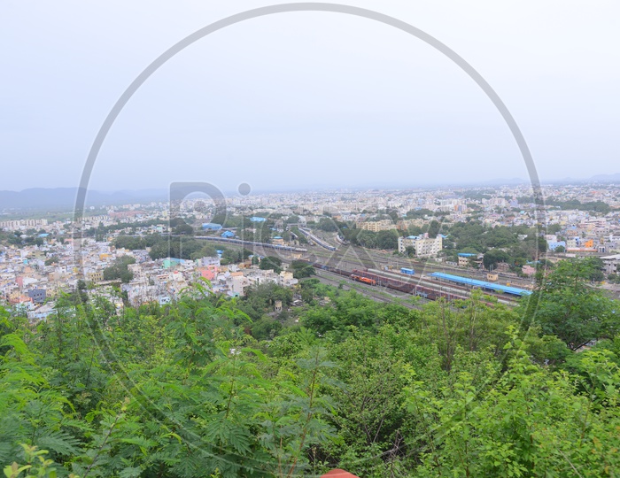 Aerial view of Vijayawada City and railway track