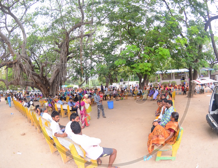 People Sitting on Cement Benches Under a Tree at a Government Office in Vijayawada