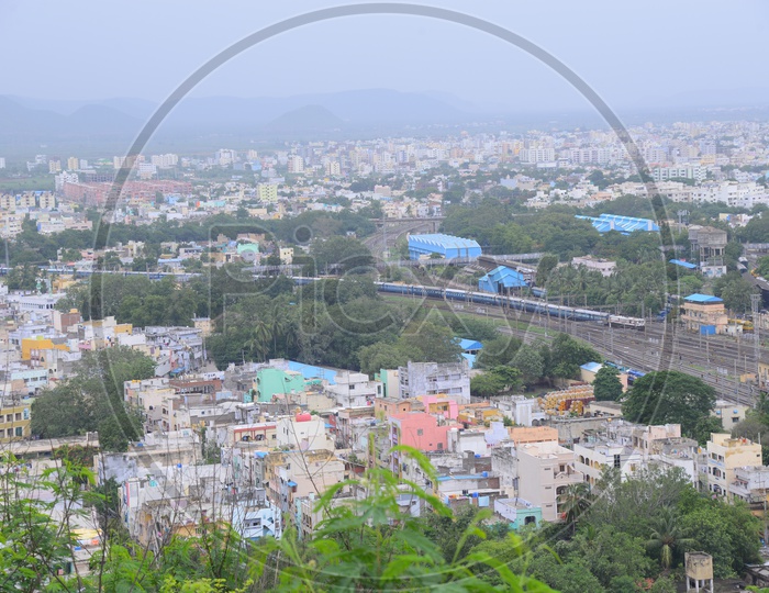 Aerial view of Vijayawada City and railway track