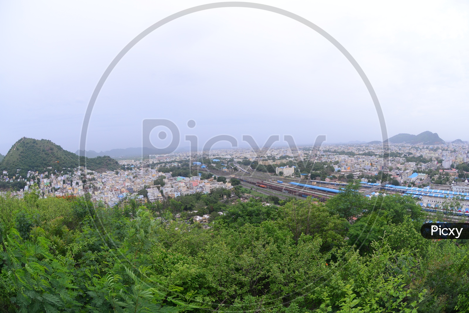 Aerial view of Vijayawada City and railway station and tracks