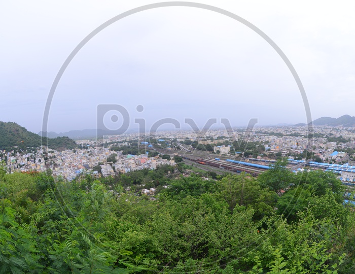 Aerial view of Vijayawada City and railway station and tracks