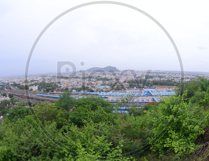 Aerial view of Vijayawada City and railway station