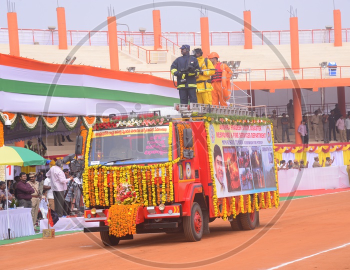 AP State Fire And Disaster Response  Service Department Show With Indian National Flag