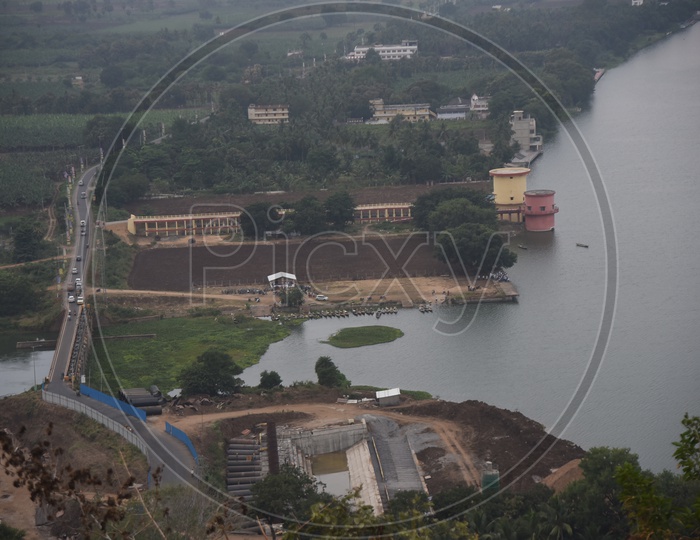 Aerial View Of Reservoir And Road Besides Krishna River