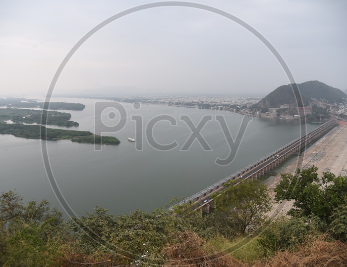 Prakasam barrage in aerial view with river krishna