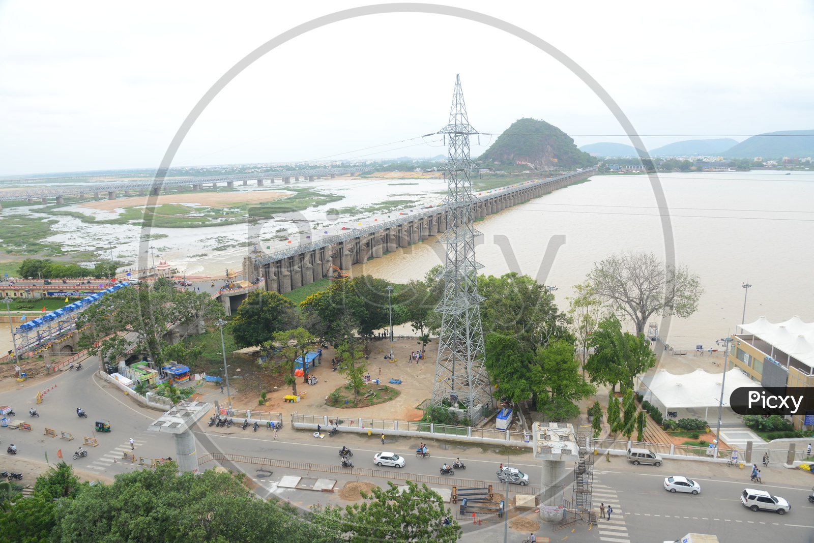 Ariel view of the praksam barrage over Krishna river and traffic in Vijayawada
