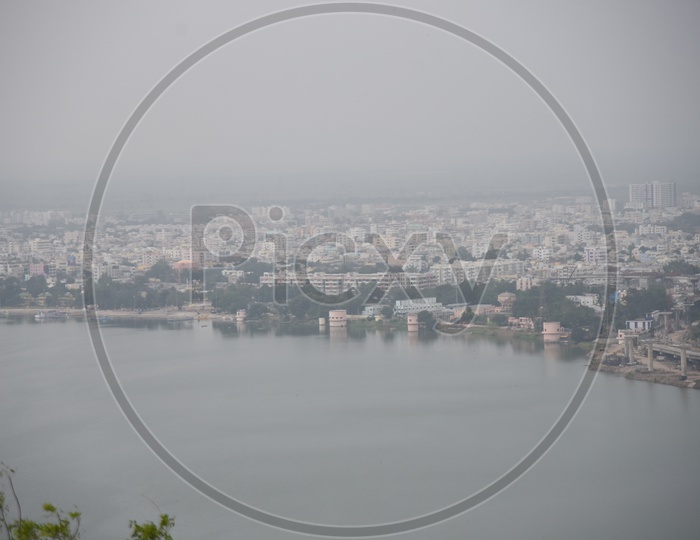 Aerial view of krishna river flowing beside the city