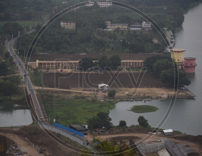 Aerial View Of Reservoir And Road Besides Krishna River