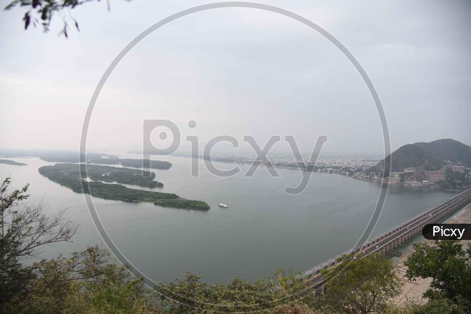Aerial View of River Krishna in Vijayawada with Prakasam barrage