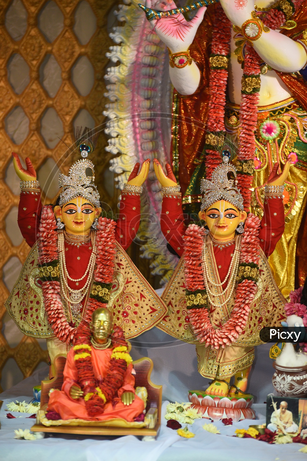 Indian Hindu God Lord Sri Krishna and radha Idols in Mandapas
