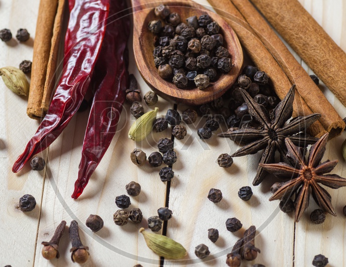 Cinnamon stick, Dried Red Chili, Star Anise, Cloves, Elachi