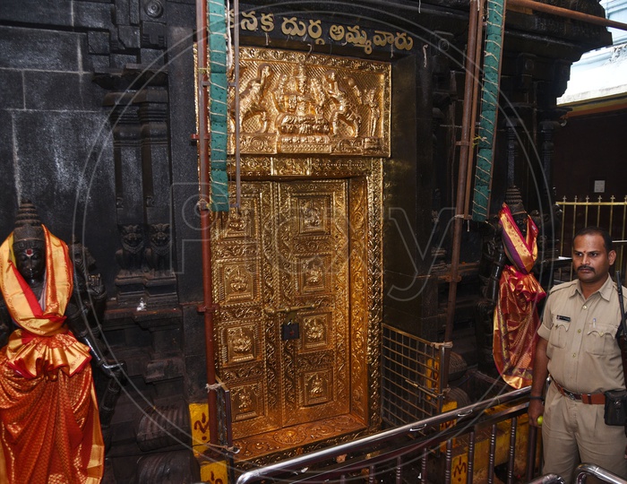 Gold plated door inside of Kanaka Durga temple