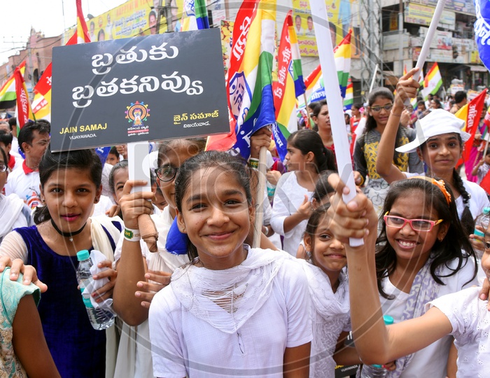 Young girls doing a rally in support of Jain Samaj, Vijayawada