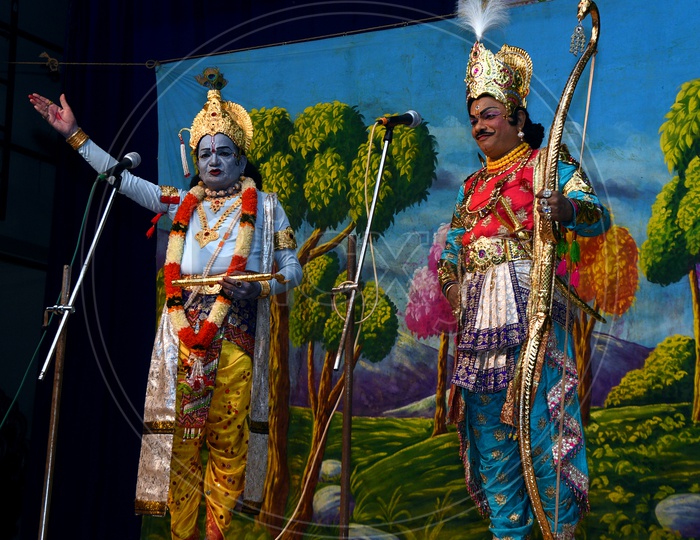 Men enacting as Hindu Gods during a drama