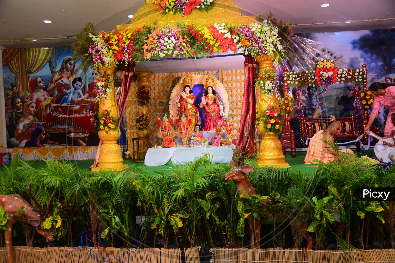 Indian Hindu God Lord Sri Krishna and radha Idols in Mandapas