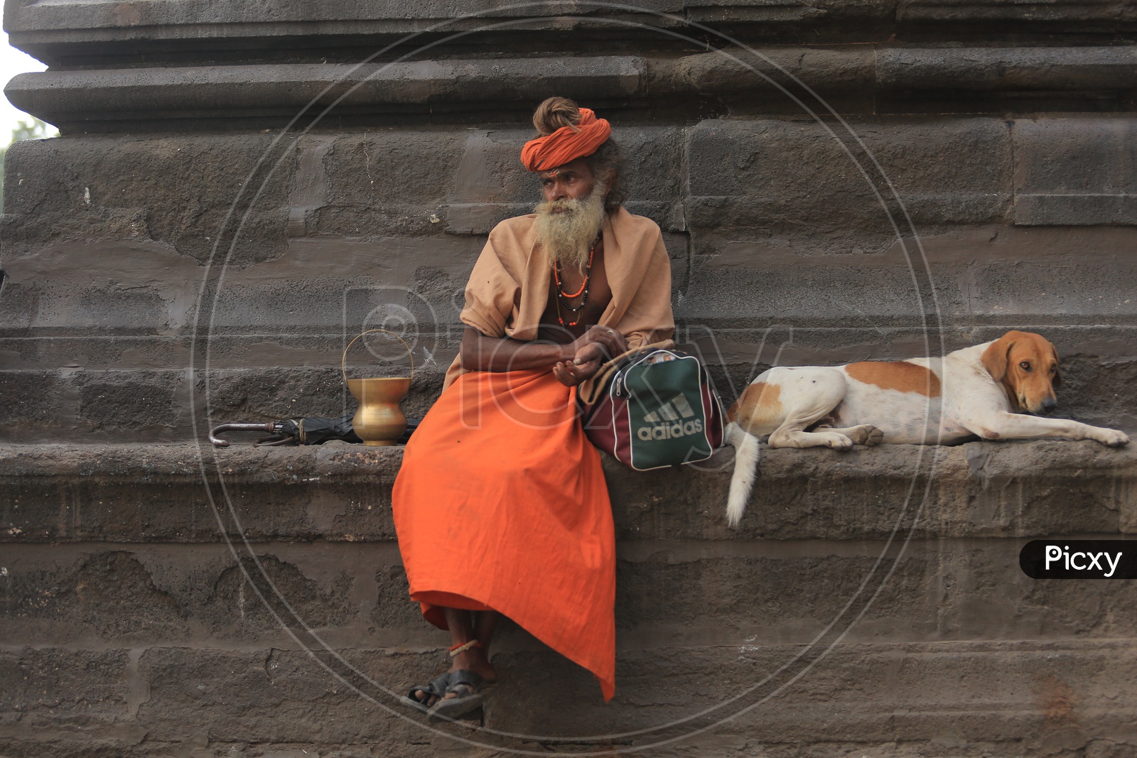 An Indian Sadhu Baba and a street dog