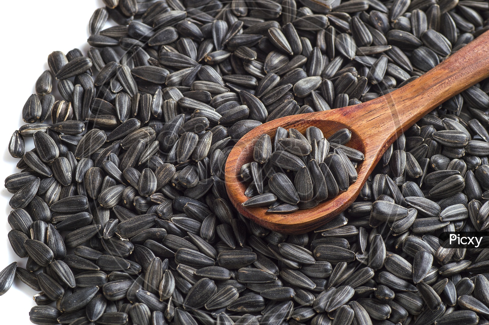 Sunflower seeds and a wooden spoon on a isolated White background