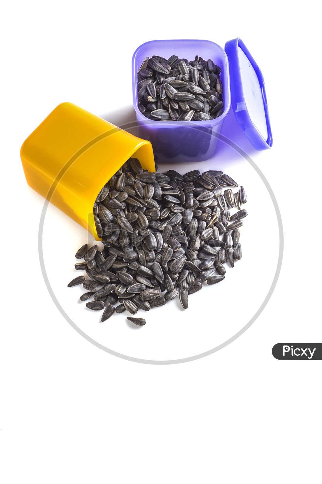 Sunflower seeds in plastic jars on a isolated white background