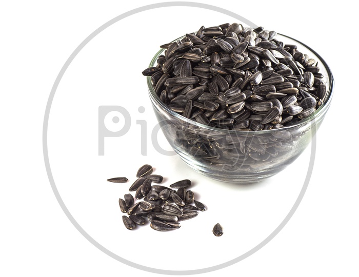 Sunflower seeds in glass bowl on a isolated white background