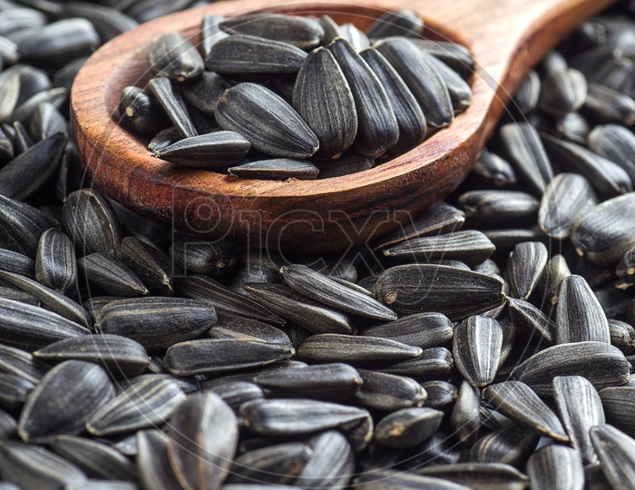 Sunflower seeds and a wooden spoon