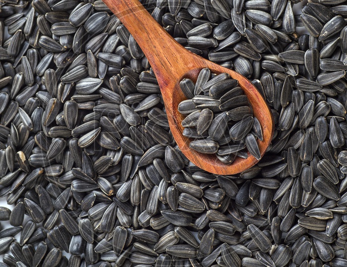 Bunch of Sunflower seeds and a wooden spoon