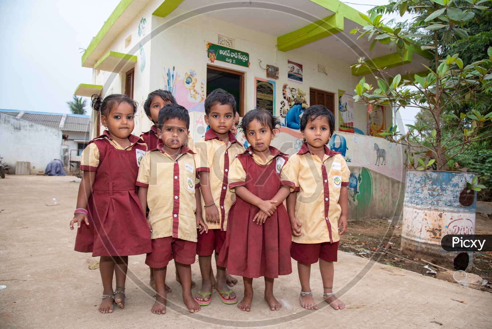 Students at an Anganwadi center