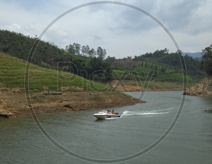 a speed boat moving on the river