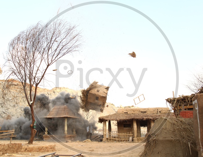 Bomb blast scenes in a village