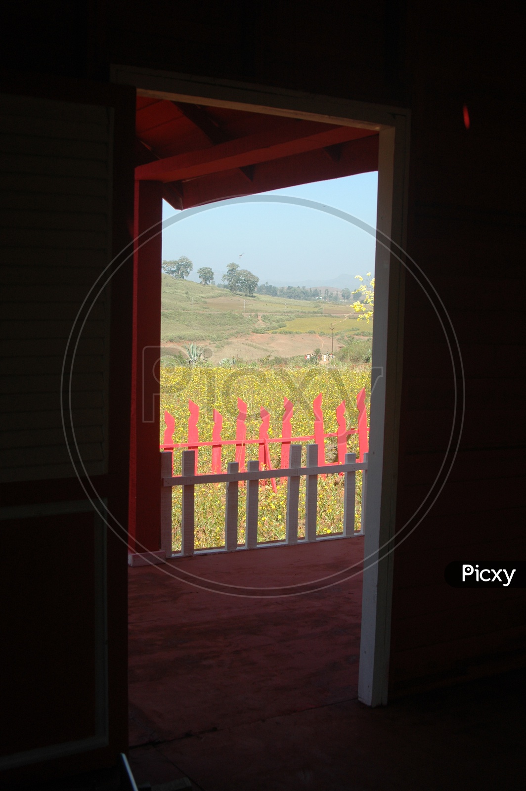 View of the fields in the Valley through a door