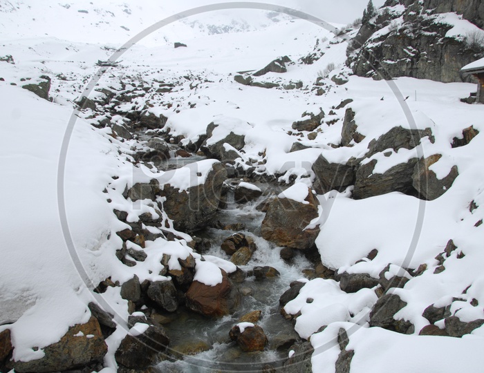 Snow covered rocks of a river