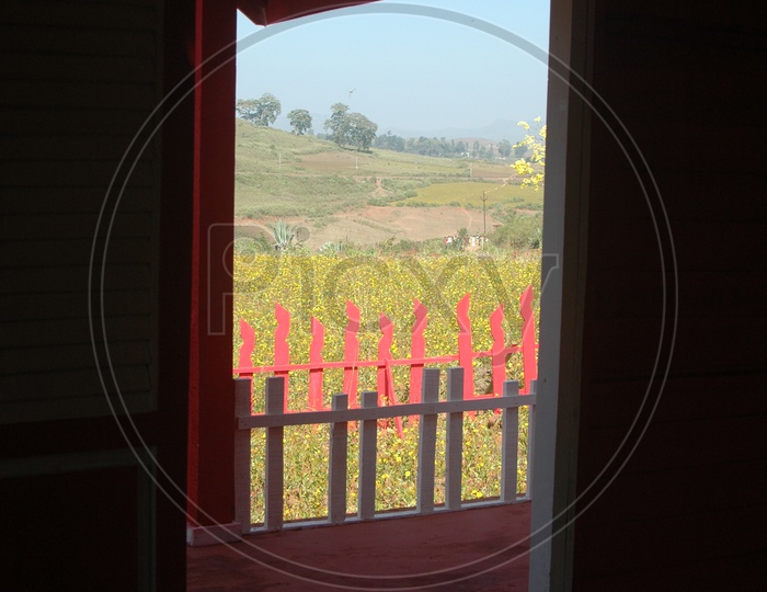 View of the fields in the Valley through a door