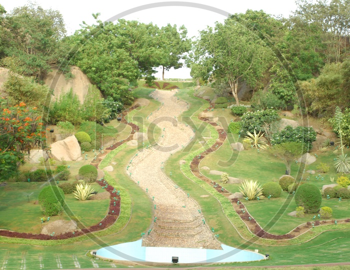 Landscape of a rock garden in Ramoji film city