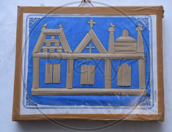 Temple, Church and Mosque illustration done by Government primary school students using wood pieces