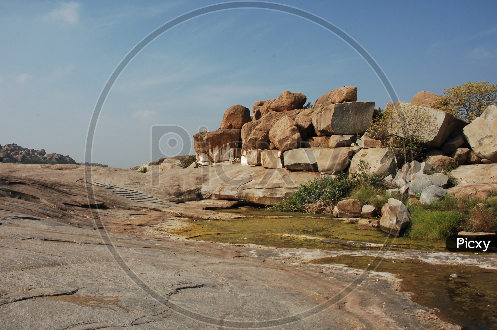 an open area with large rocks