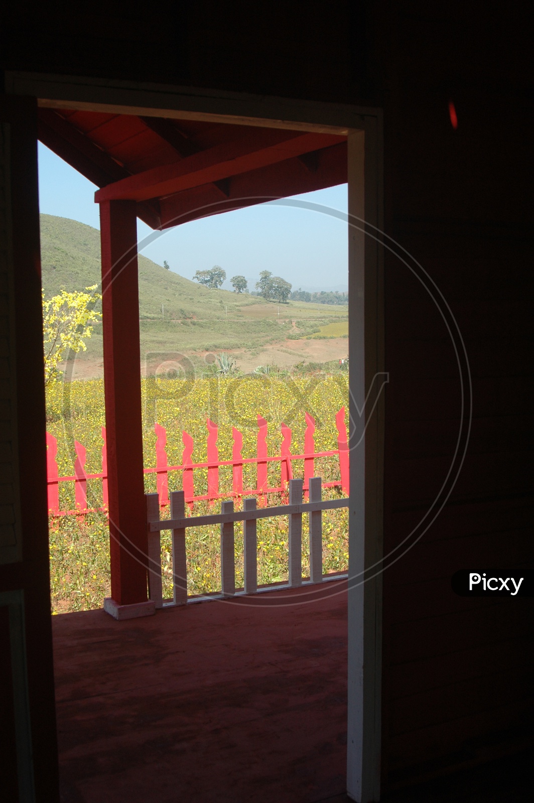 View of the fields in Araku valley through a door