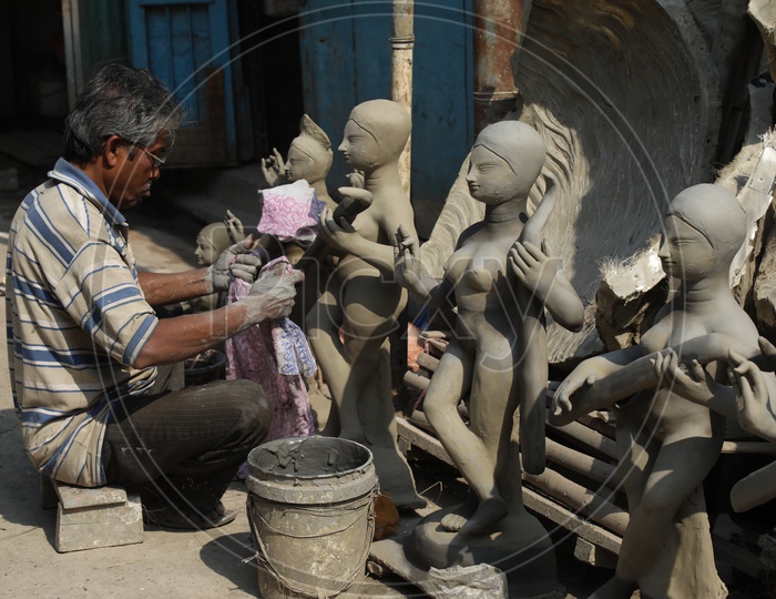 Indian Hindu Goddess Clay idols In Making