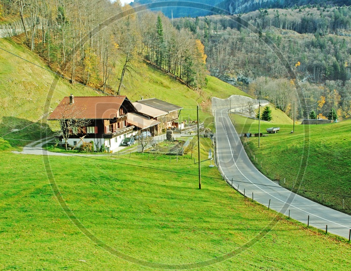 Roadways of Switzerland with swiss houses