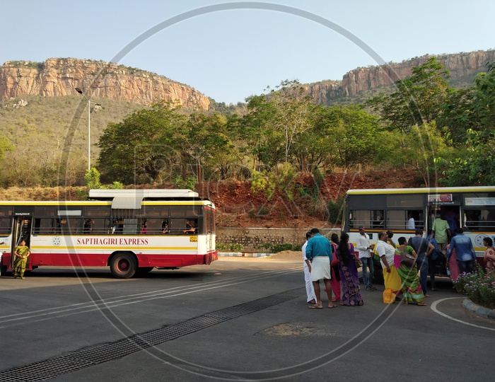 Passengers taking the RTC bus on the Tirumala Ghat Road