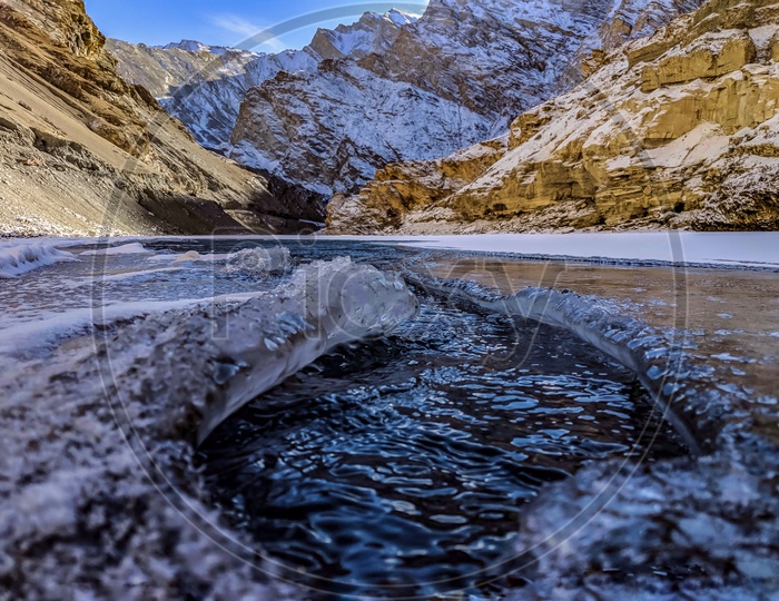 A View Of Frozen Zanskar River And Snow Capped Mountains In The Background