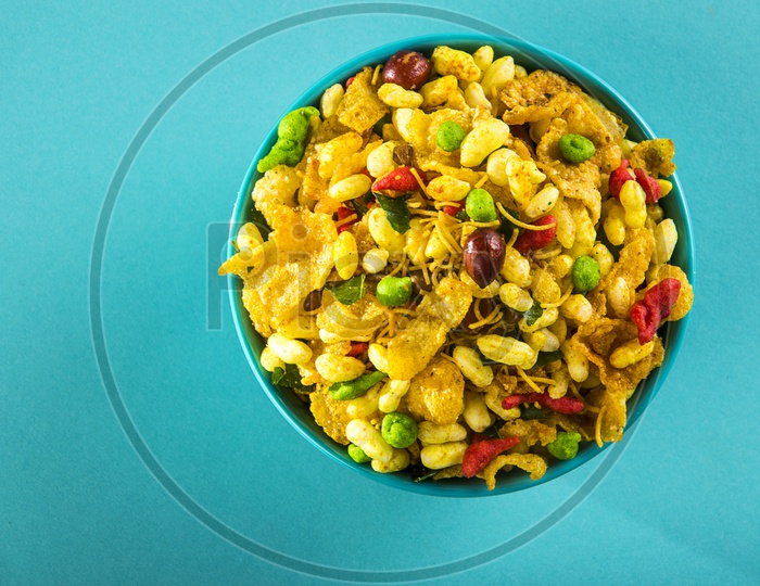 chivda or mixture or farsan made of gram flour in a bowl