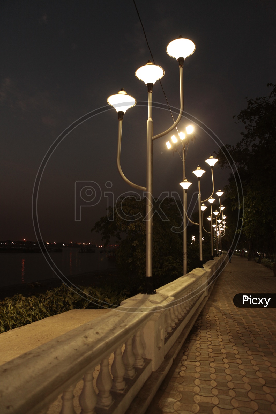 Street lights by the riverside in the night